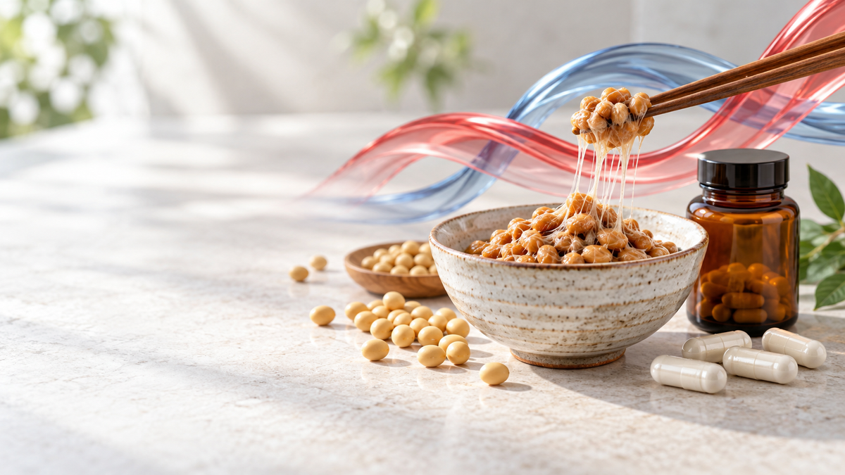 Natto, soybeans and supplement capsules representing nattokinase and cardiovascular wellness